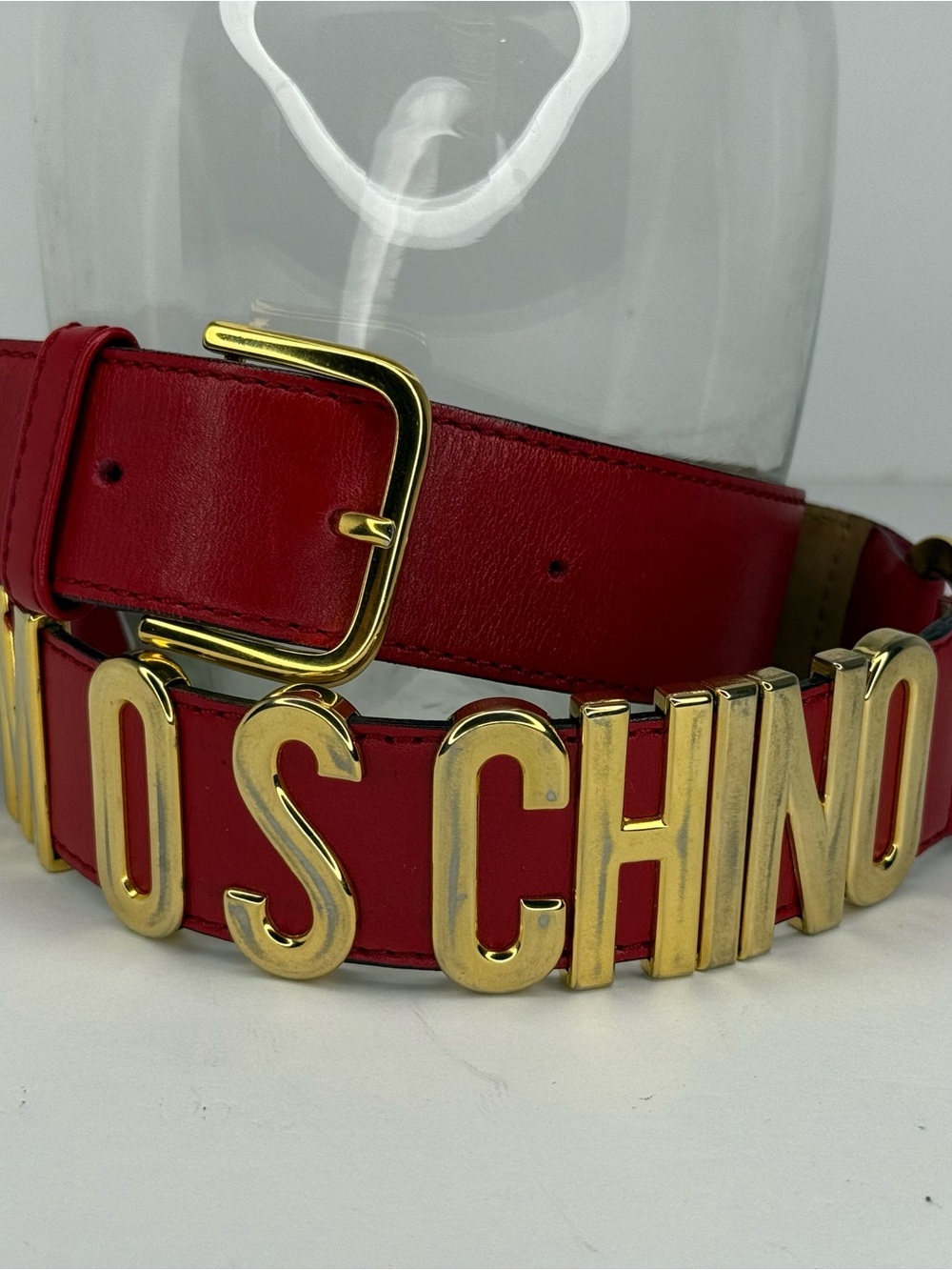Moschino Red Leather Belt with Gold Logo Letters -